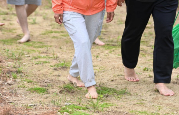 지난달 춘천숲체원 숲길에서 프로그램에 참여한 운수종사자 가족이 맨발 걷기체험을 하고 있다.