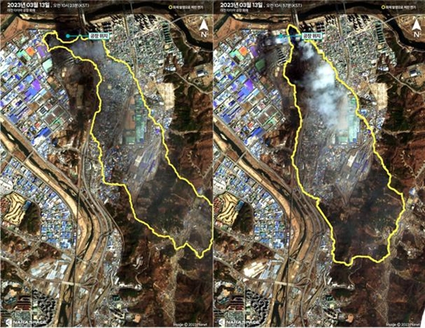 2023년 3월 13일 오전 화재 당시 공장으로부터 나오는 연기 그래픽