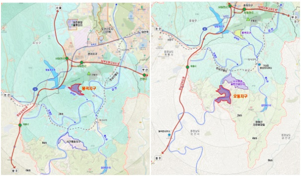 (좌) 봉곡지구 위치도, (우) 오동지구 위치도