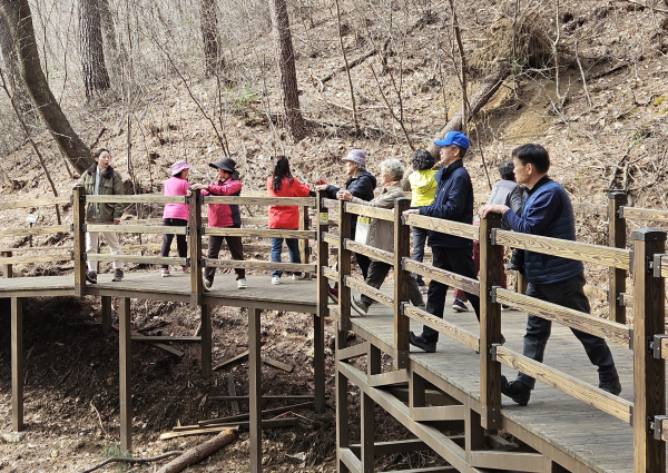 2024년 겨울 항노화 ‘백세치유’ 사업 참가자들이 국립양평치유의숲 데크로드에서 스트레칭을 하고 있다.
