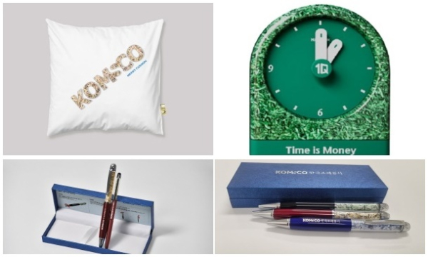 (시계방향) 화폐 굿즈 쿠션, 머니클락 (하나은행),화폐굿즈 돈볼펜, 돈볼펜 세트