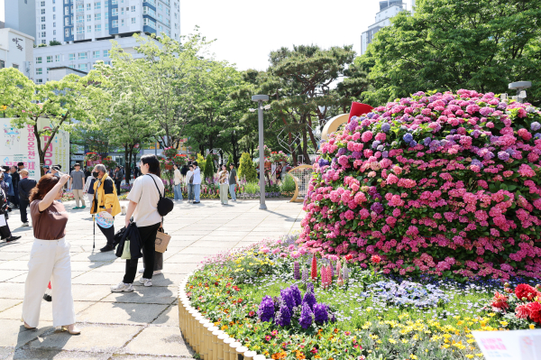 지난 2024년 유성온천 봄꽃 전시회에 찾은 시민들이 꽃을 관람하고 있다.