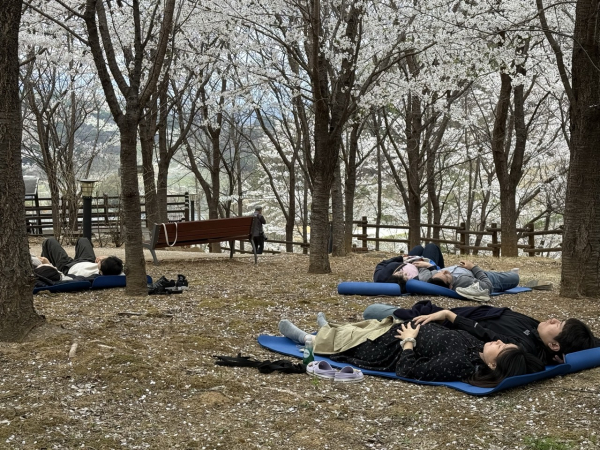 지난 12일 국립산림치유원에서 임신 부부가 함께하는 ‘숲속 태담 심상화 명상’을 하고 있다.