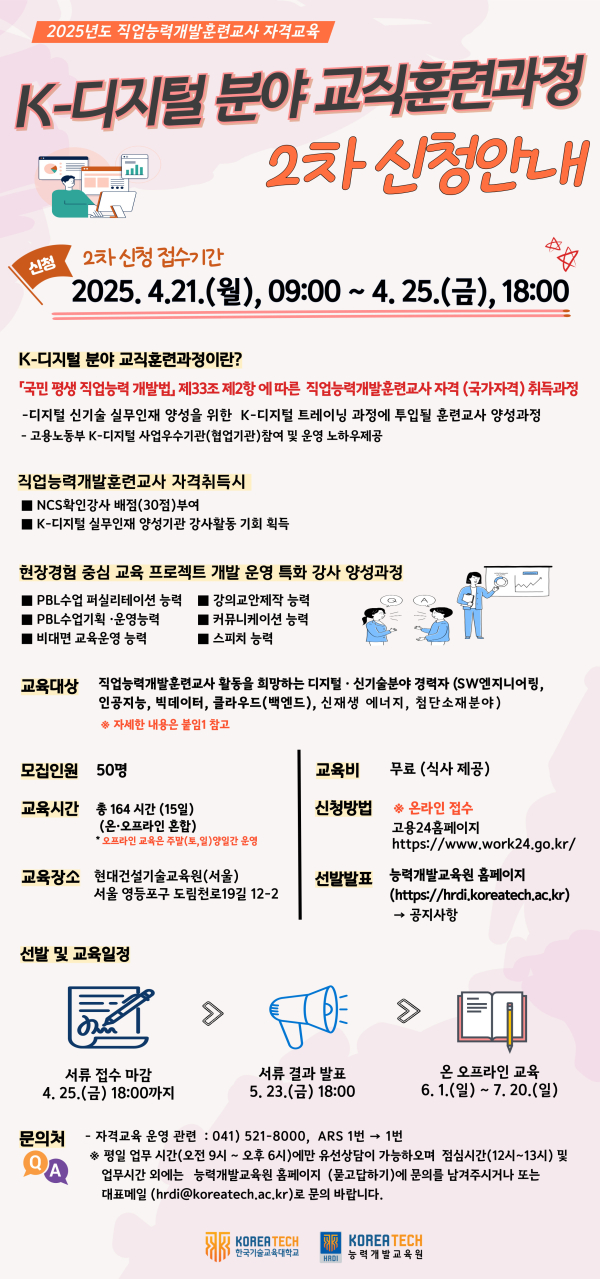 능력개발교육원에서 ‘K-디지털 분야 교직훈련과정’ 2차 교육생을 모집한다.