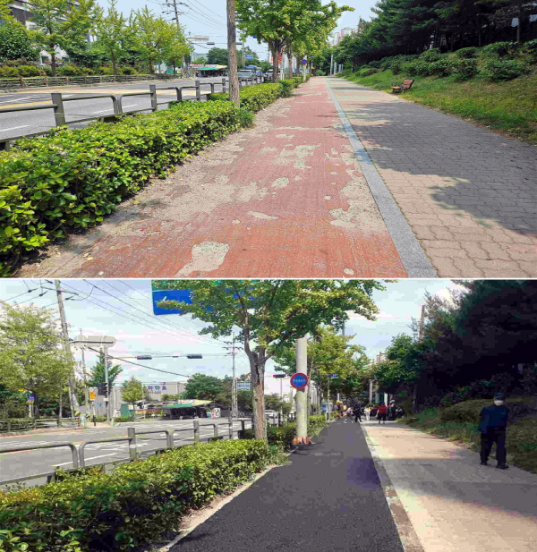 노후 자전거도로의 정비 전(좌)과 후의 모습.
