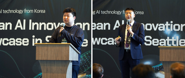 IR 피칭을 하고 있는 돌봄드림 김지훈 대표(좌)와 이엠시티 이봉호 대표(우)