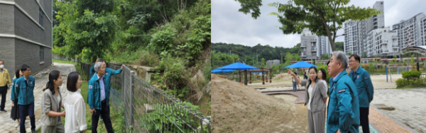 천범산 부교육감과 학교안전과, 시설지원과 솔빛초등학교 내 시설물 들을 점검 중인 모습