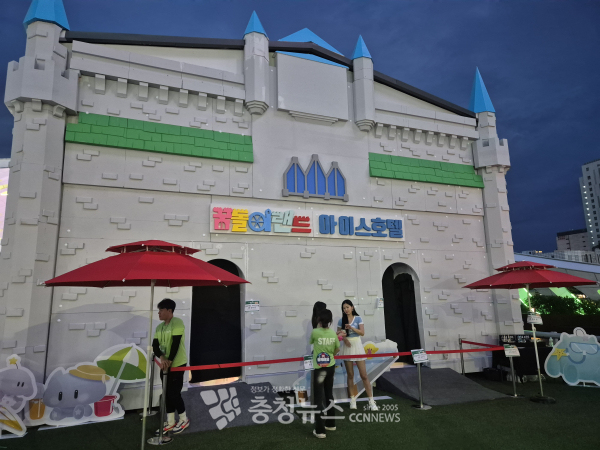 0시 축제 첫날인 8일 오후 8시께 목척교에 마련된 꿈돌이랜드 아이스호텔 출입이 통제된 모습.