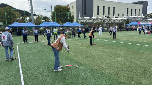 지난 22일 종합운동장 보조경기장에서 열린 제68회 대한노인회 성연면 분회장기 게이트볼 대회 개최 모습