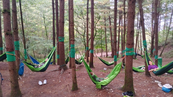 지난 29일 국가보훈자와 가족들이 ‘해먹 휴식’ 프로그램을 체험하고 있다.