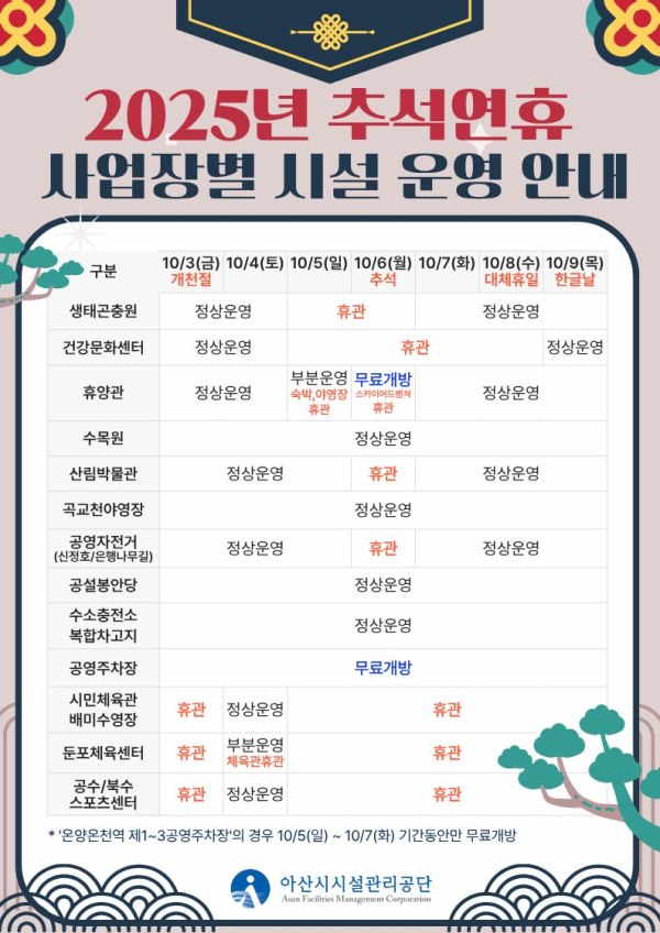 추석 연휴 사업장별 시설운영 안내문