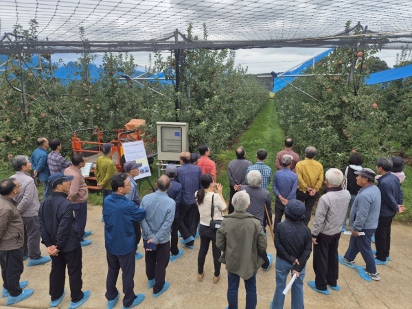 사과분야 신기술 보급사업 평가회 현장 견학 모습