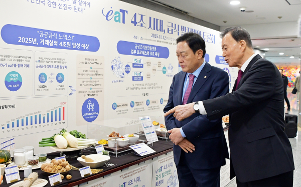 eaT를 활용한 저탄소 식단을 둘러보는 aT 홍문표 사장(우측)과 국민의힘 김선교 의원(좌측)