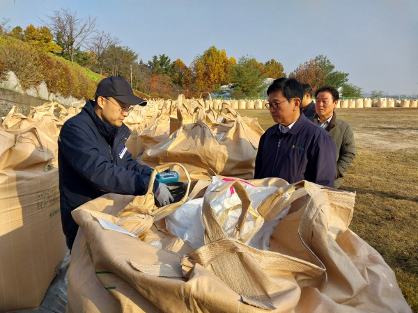 농협 김영훈 본부장이 공공비축미곡 수매 현장을 방문해 벼 작황과 쌀 수급 상황 점검 모습