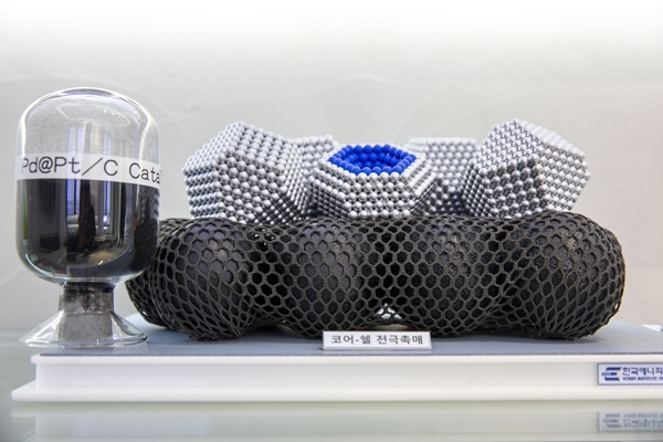 에너지연 연구진이 개발한 기술이 적용된 촉매와 코에쉘 구조 촉매 모형