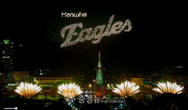 30일 열린 '한화이글스 창단 40주년 기념 멀티미디어 불꽃쇼' 당시 대전 갑천 엑스포다리 일대에서 화려한 불꽃쇼가 펼쳐지고 있다.