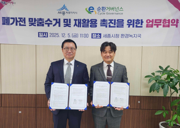 업무협약 체결식 (왼쪽부터 정덕기 E-순환거버넌스 이사장, 권영석 환경녹지국장)