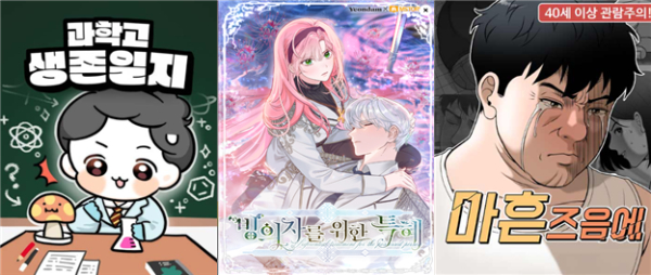 ▲ (전략1, 웹툰과학융합) 윤찐빵, 네이버웹툰 ‘과학고 생존일지’, ▲ (전략2, IP확장) 구르, 카카오페이지 ‘빙의자를 위한 특혜’, ▲ (전략3, 인큐베이팅) 서쿤스, 네이버웹툰 ‘마흔 즈음에’