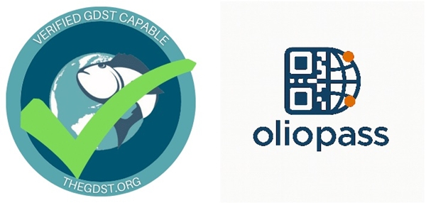 글로벌 수산물 이력추적 협의체(GDST) 글로벌 인증로고(왼쪽)와 KAIST 올리오패스 플랫폼 로고.