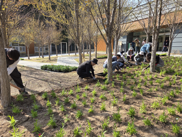 지난 13일, 국립춘천숲체원 직원들이 어울림관 앞 야외 화단에서 꽃모종을 정성껏 식재 하며 봄맞이 단장에 나서고 있다.