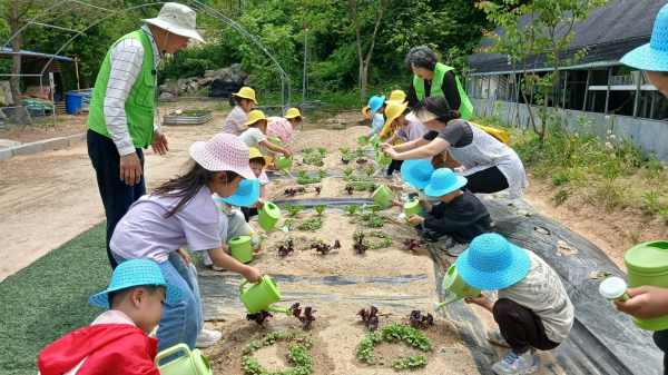 계룡시가 운영한 ‘도시농업 텃밭생태 프로그램’에 참여한 어린이들이   수복골 치유농장에서 텃밭 작물에 물을 주며 생태 체험활동을 하고 있다.